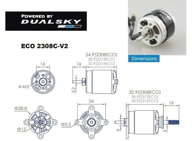 Dualsky ECO 2308C V2 980KV 47gram § Indoor 980kV  29x25mm