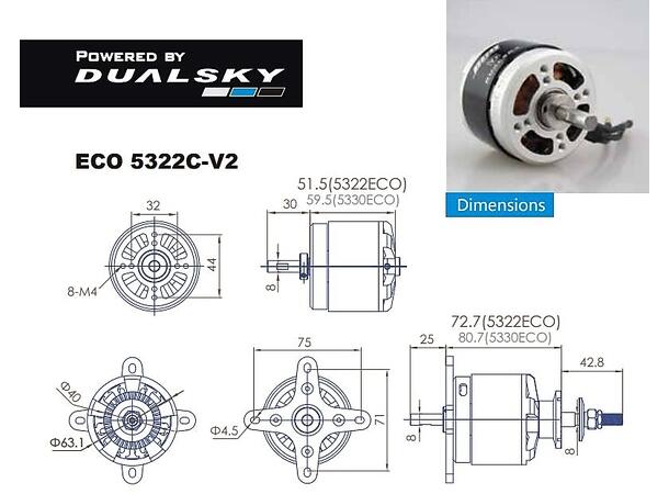 Dualsky El.motor ECO 5322C V2 300KV 300kV  63x52mm  .120 motor  510g
