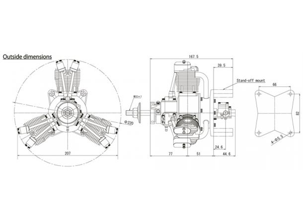 Saito FG-60R3 60cc 4-stroke 3-cyl Radial Bensin motor