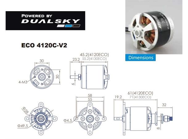 Dualsky ECO 4120C V2 500KV  .70 motor 500kV  50x45mm  .70 motor 280g
