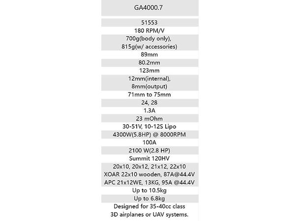 Dualsky GA4000.7 180KV 700g 35-40cc Tilsv.35-40cc