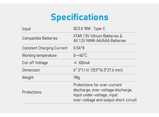 XTAR BC8 AA/AAA lader 0.5A