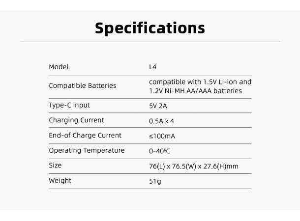 XTAR L4 AA/AAA lader 4x0.5A